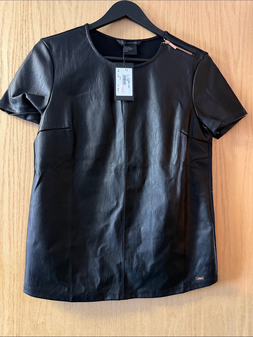 Armani Exchange Black Faux Leather Short Sleeve Top - Picture 2 of 5